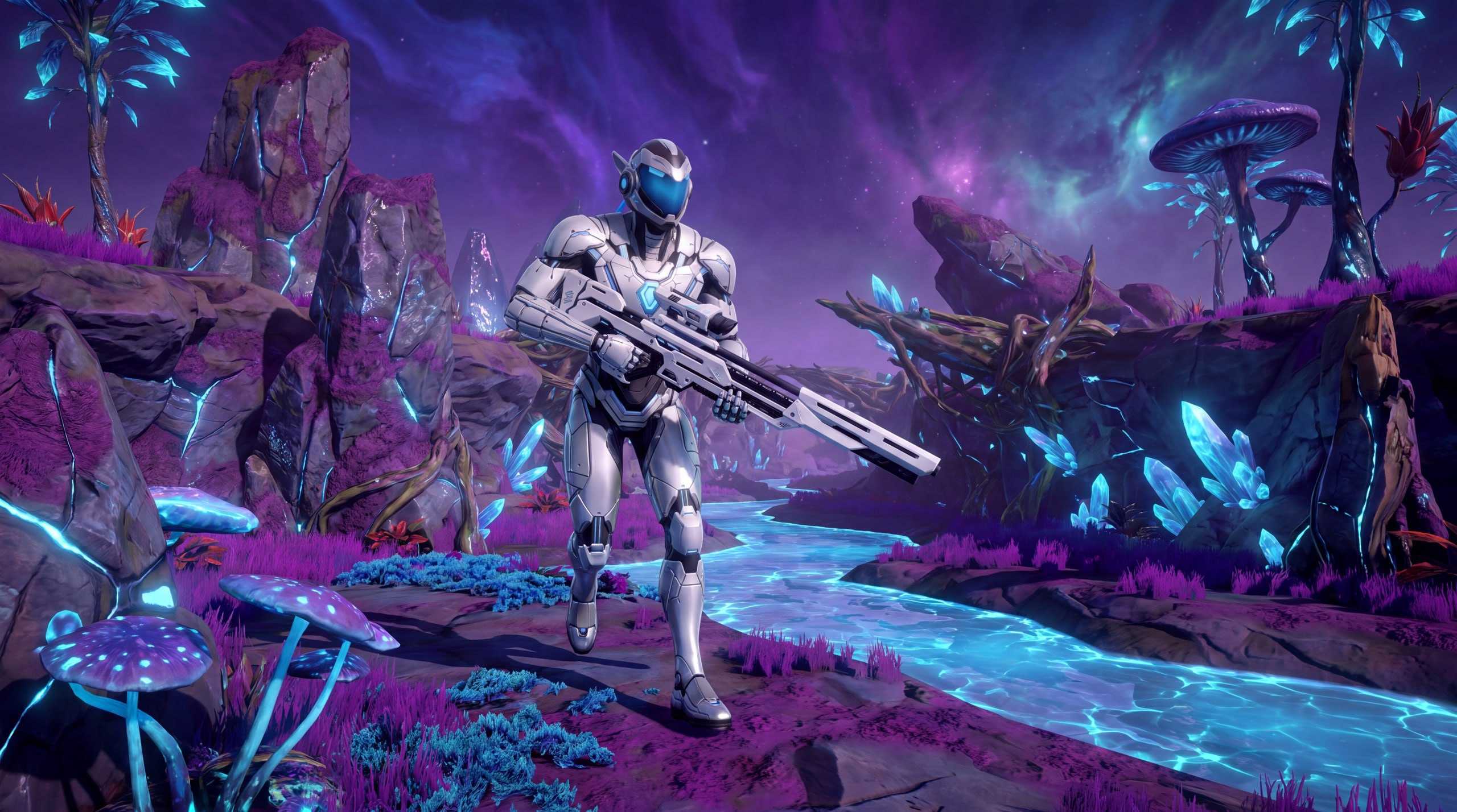 Planet-X hunter exploring a world of glowing crystals