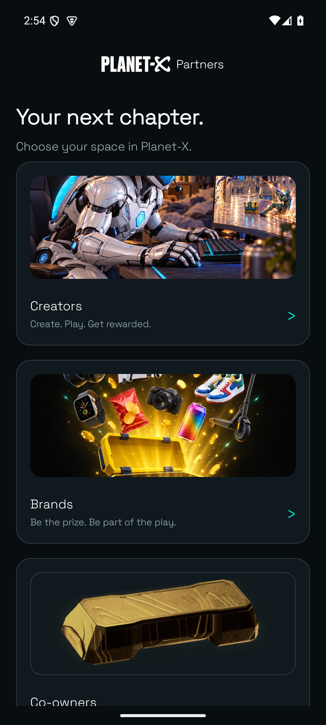Planet-X Partners app showing creator, brand and co-owner entry pages