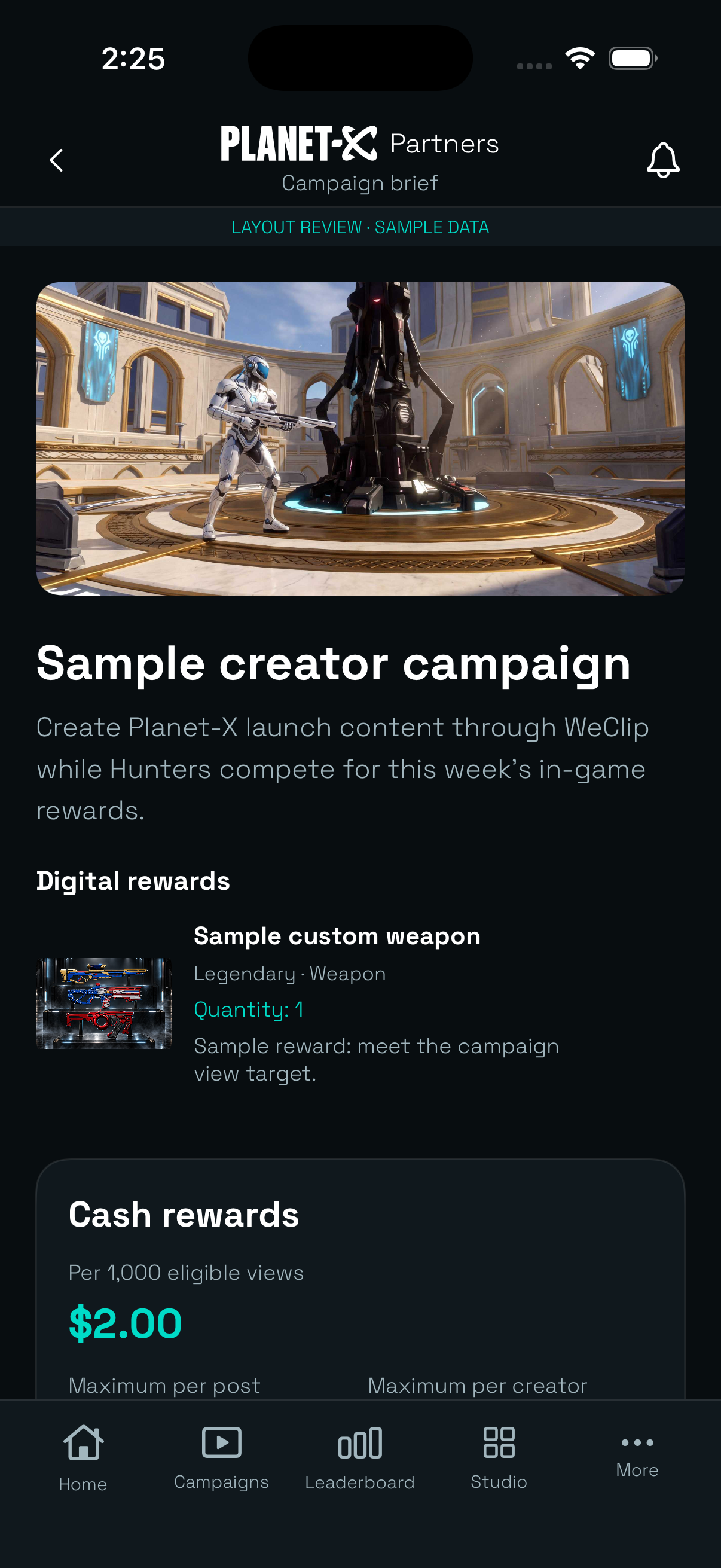 Development preview of a creator campaign with sample cash and digital rewards