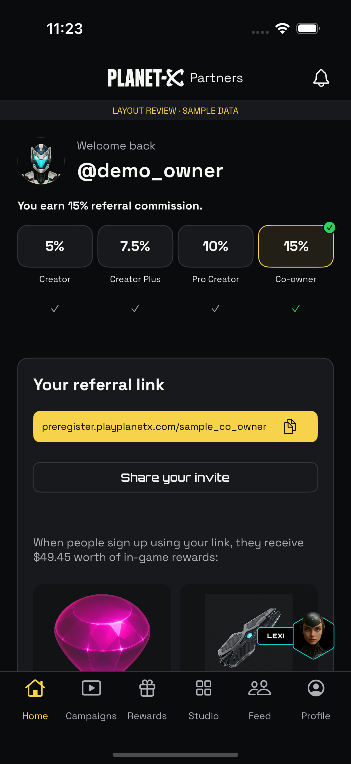 Planet-X Partners referral and earnings home screen preview